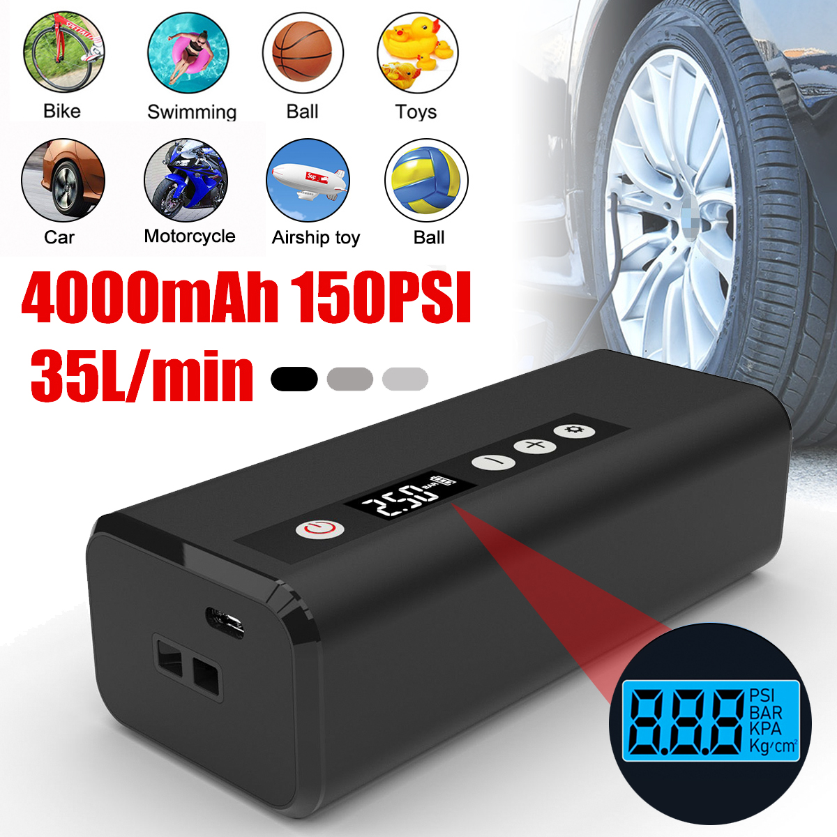 4000mAh 150PSI 35L/min Rechargeable Air Compressor Electric Tyre Tire Inflator Mini Auto Air Inflatable Pump Car Bicycle Boat