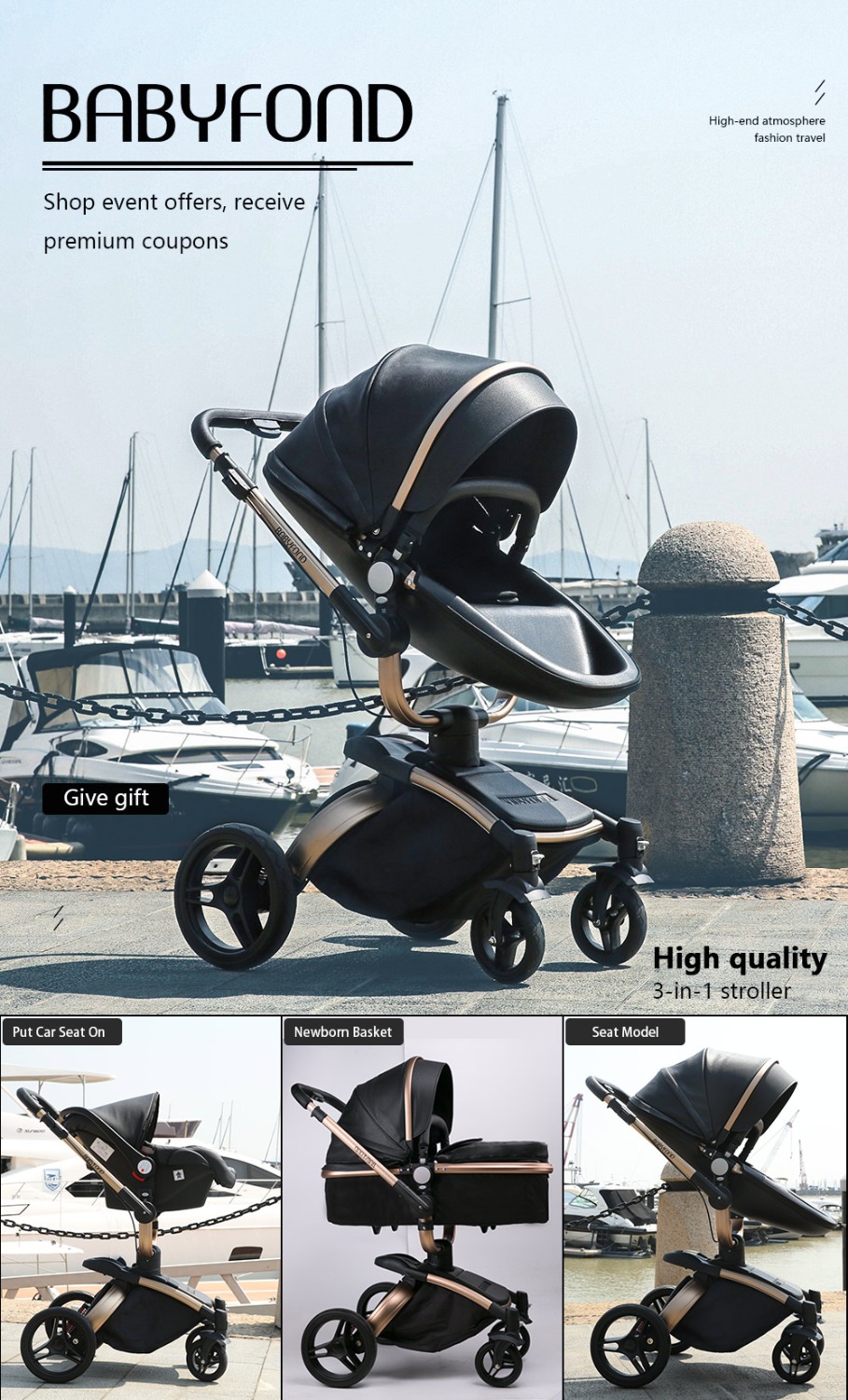 Free ship!Babyfond 3 in 1 baby stroller European Pram Suit for Lying & Seat leather two-way shock Eggshell send umbrella Newborn