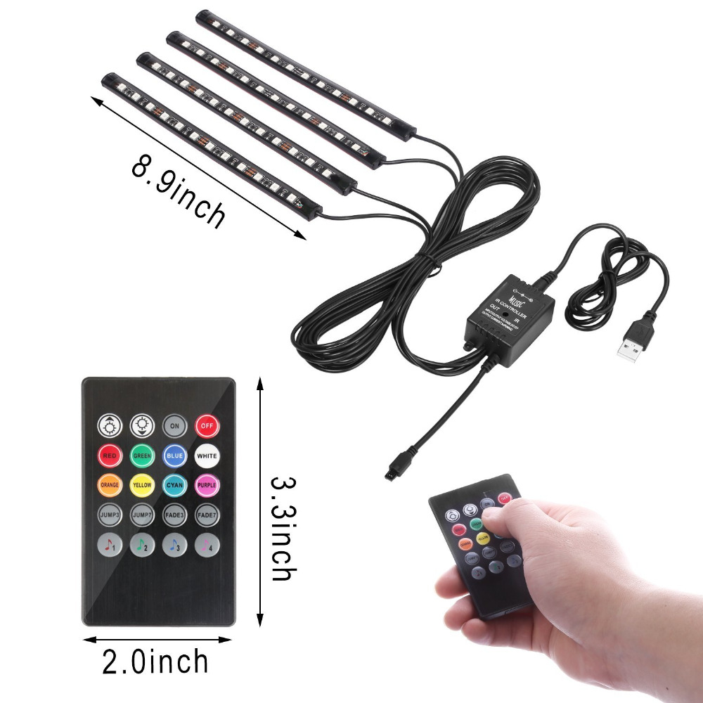 Car LED Strip Light 48leds USB Powered Atmosphere Lights/Underdash Lighting Strip Kit Remote Included