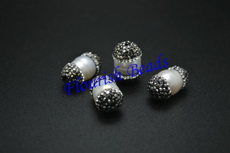 Paved Black Crystal Beads on Two Side White Fresh Water Pearl Potato Oval Shape Beads