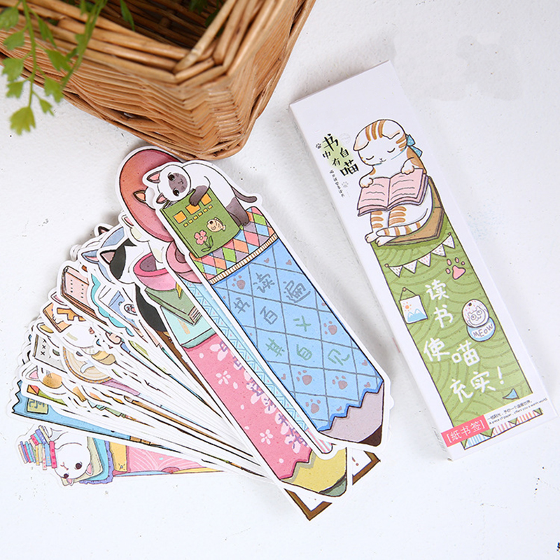 30pcs/pack Cute Reading Cats Bookmark for Book Paper Kawaii Stationery Office Cartoon Bookmark Teacher Page Holder Message Card