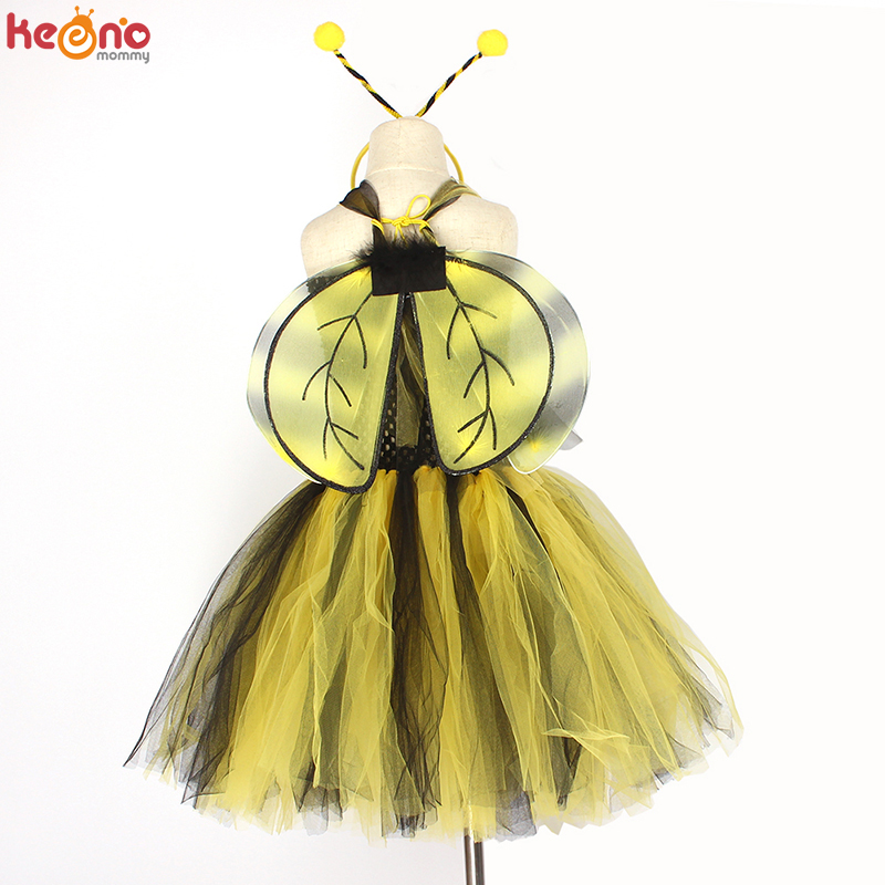 Children Bumble Bee Costume Set Girls Tutu Wings & Headband Yellow Black Kids Fancy Dress Halloween Dress Up Party Clothes