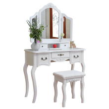 White Vanity Wood Makeup Dressing Table Stool Set with Tri-fold Mirror Dresser White Bedroom Storage Racks Make Up Desk
