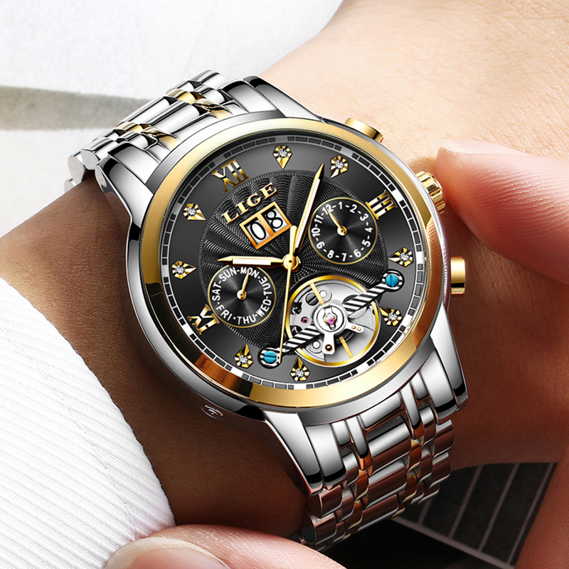 LIGE Brands Men Automatic Mechanical Tourbillon Watch Luxury Fashion Stainless Steel Sports Watches Mens Clock Relogio Masculino