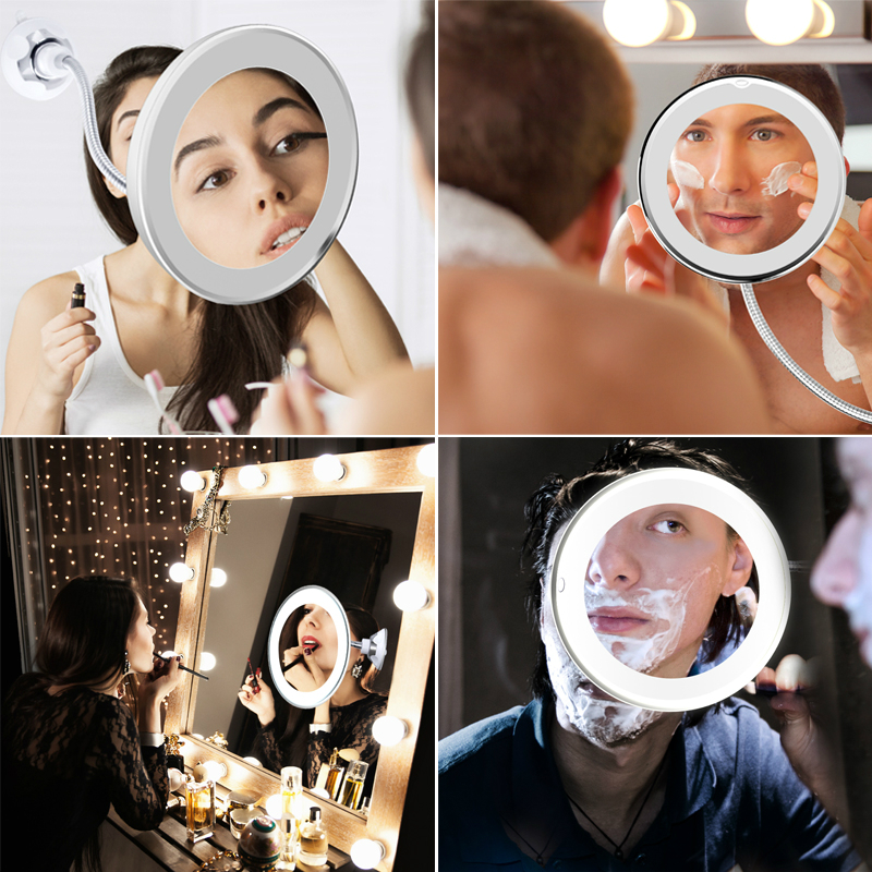 New 10 Times Magnifying Glass Vanity Mirror LED Light 360 Degree Flexible Rotating Suction Cup Bathroom Bedroom Night Light