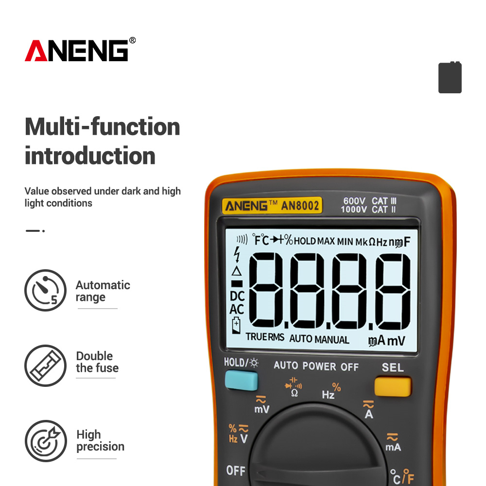 ANENG AN8002 Digital Multimeter 6000 Counts Backlight AC/DC Ammeter Voltmeter Ohm Alligator Clip Jumper Wire Test Lead