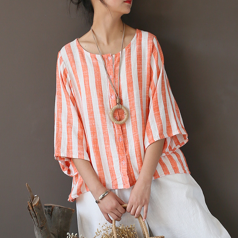 Johnature Women Striped Shirt Cotton Linen Top O-Neck 2020 Summer New Vintage O-Neck Seven Sleeve Blouses Loose Button Shirts