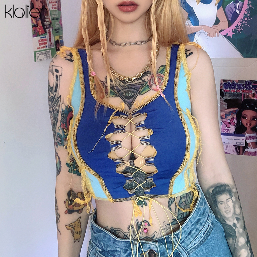 KLALIEN fashion sexy hollow out bandage Drawstring patchwork tank top women summer high street casual crop top skinny tank top