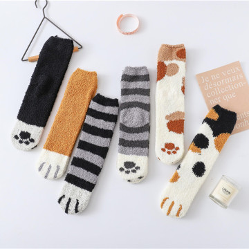 Warm Cat Paw Socks For Women Soft Cotton Fleece Sleeping Socks Girls Cartoon Cat Foot Pirnt Home Floor Socks Feetwear @A