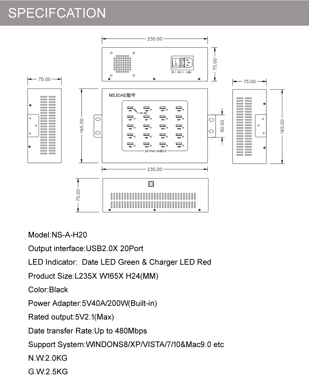 Specifications and Plan Drawings - 20-port usb2.0 hub