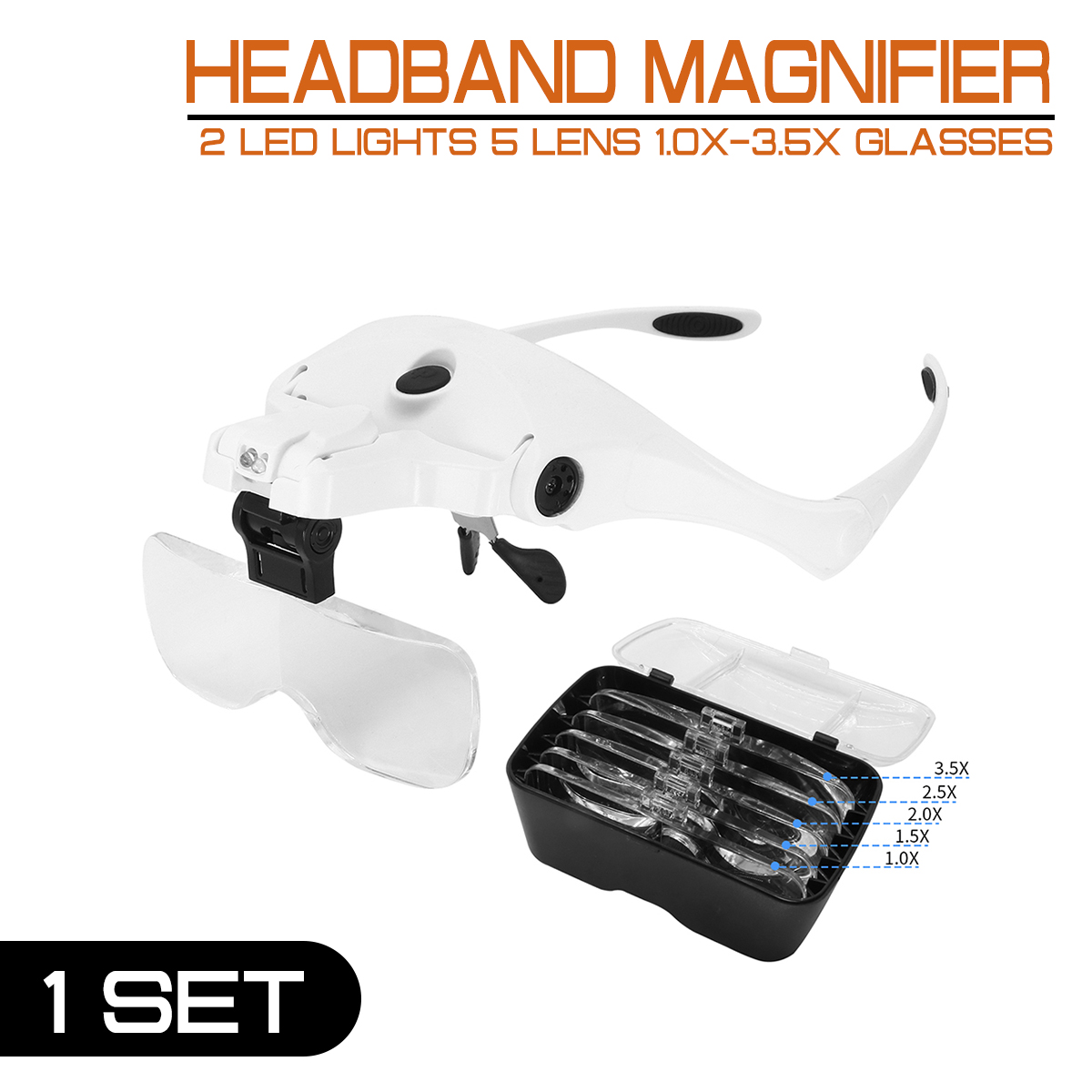 Bracket Headband Magnifier Loupe 2 LED Lights 5 Lens 1.0X-3.5X Glasses and USB Charge Goggles