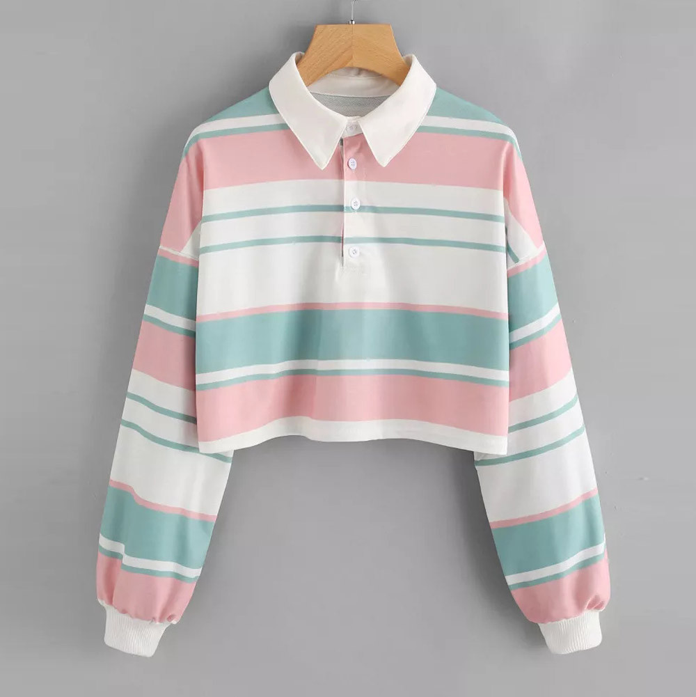 Women's Sweatshirt Color Stripe Button Long Sleeve Pullover Hoodies Sweatshirt Tops Blouse Female Tops Women Hoodies #A9