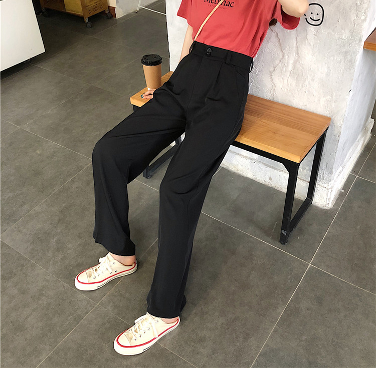 Women Wide Leg Pants 2020 Summer Thin Fabric High Waist Pockets Button Fly Long Trousers Casual Bottoms All Match B06810K