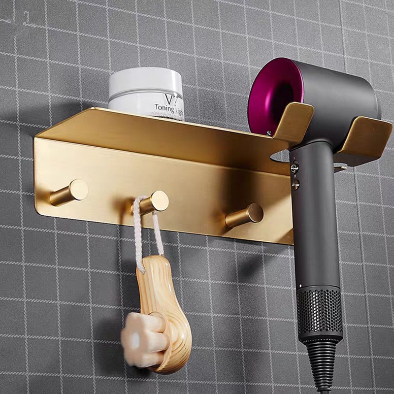 Gold luxury hair dryer shelf with hook gold brush bathroom shelf wall holder multifunctional bathroom hair dry shelf holder
