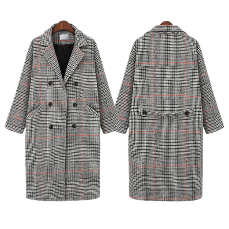 European Women's Autumn Winter Clothes New Retro Loose Thick Mid-length Plaid Woolen Coat Women Houndstooth Blends Trench Parkas