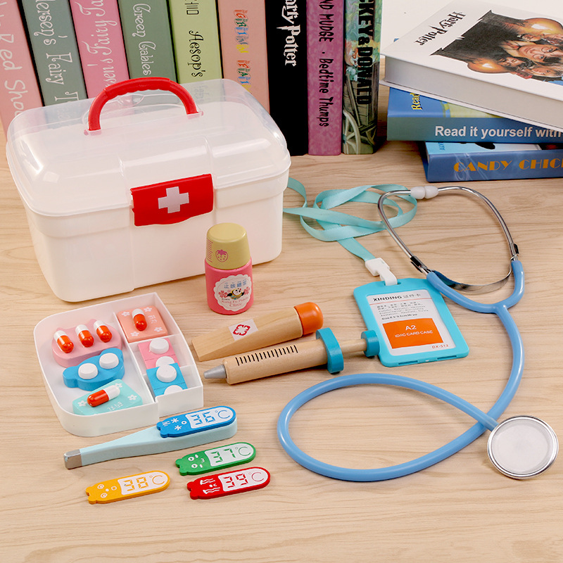 Wood Children Pretend Play Doctor Toys Dentist Extract Teeth Tool sethescope for Kids medical supplies Chest Set with suitcase