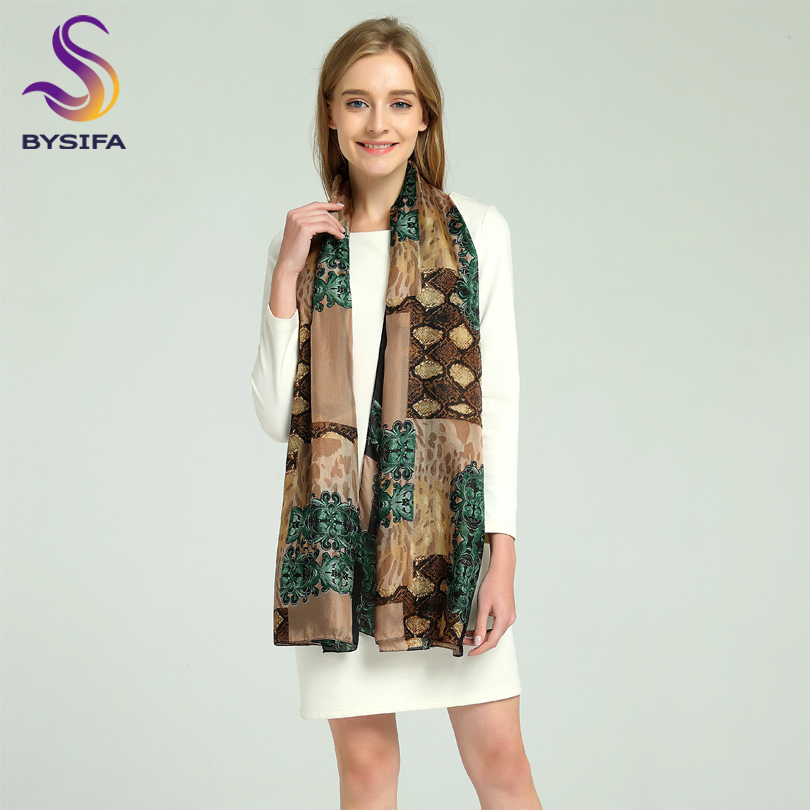 [BYSIFA] Brand Blue Green Silk Scarf Shawl Female Accessories Spring Autumn Floral Pattern 100% Silk Women Long Scarves Wraps
