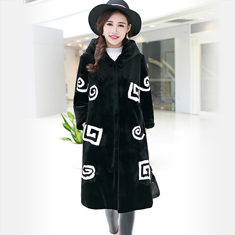 Nerazzurri Black and white color block womens faux fur coat with hood 2019 winter Long warm furry fake rex rabbit fur overcoat