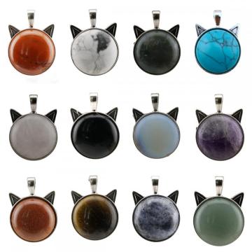 Gemstone Cat Round Stone Pendant Natural Stone Crystal Animal Cat Silver Plated Charm Pendant for DIY Jewelry Making New Arrival