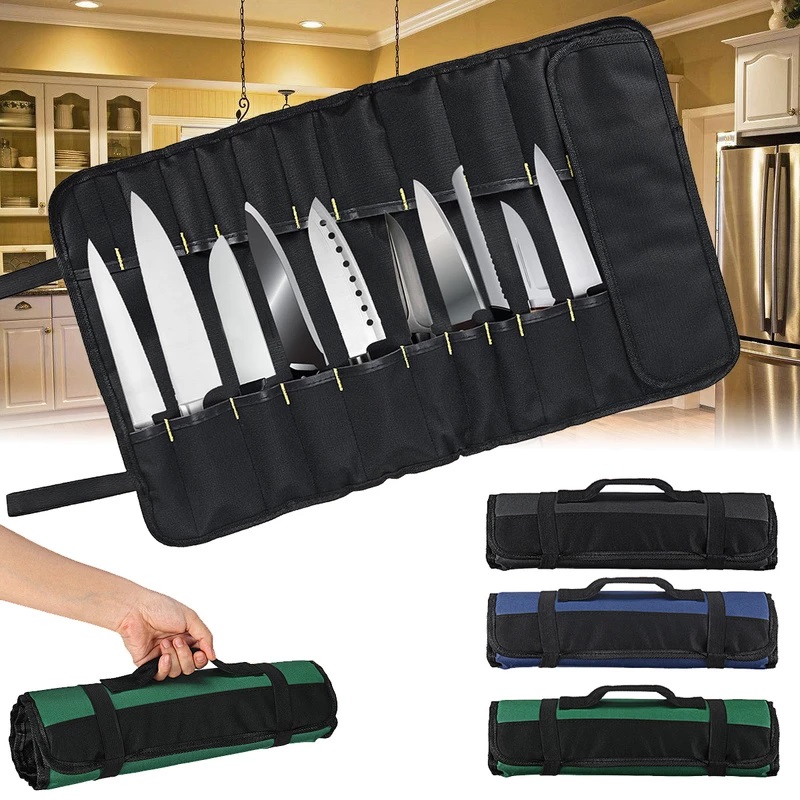 Chef Knife Bag Portable 22 Pockets Storage Durable Kitchen Cooking Accessories Kitchen Tool Supplies Roll Knife Bag