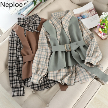 Neploe Retro Plaid Single-breast Loose Bottom Shirt + Slim Waist Belt Woolden Vest Autumn Elegant 2 Pcs Women Set 2021 New 46998