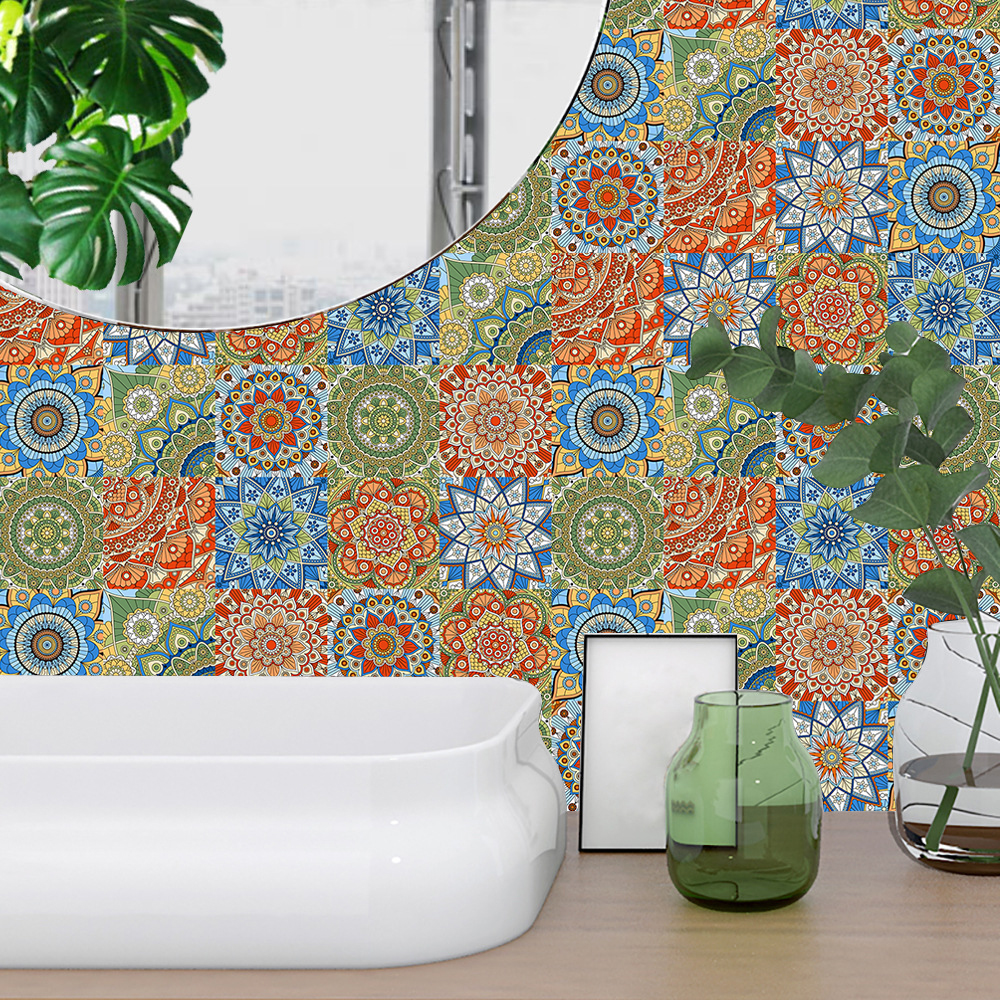 10pcs/set Mandala Style Crystal Hard Tiles Ceramics Wall Sticker Kitchen Wardrobe Home Decor Art Mural Peel & Stick Wall Decals