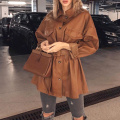 Fandy Lokar Autumn Brown PU Leather Coats Women Fashion Pockets Jackets Women Elegant Tie Belt Waist Coats Female Ladies GC