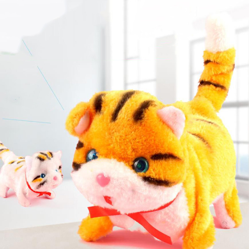 Electric Toy Soft Realistic Orange Color Cat Plush Walking Glowing Eye Funny Simulation Moving Plush Stuffed Doll