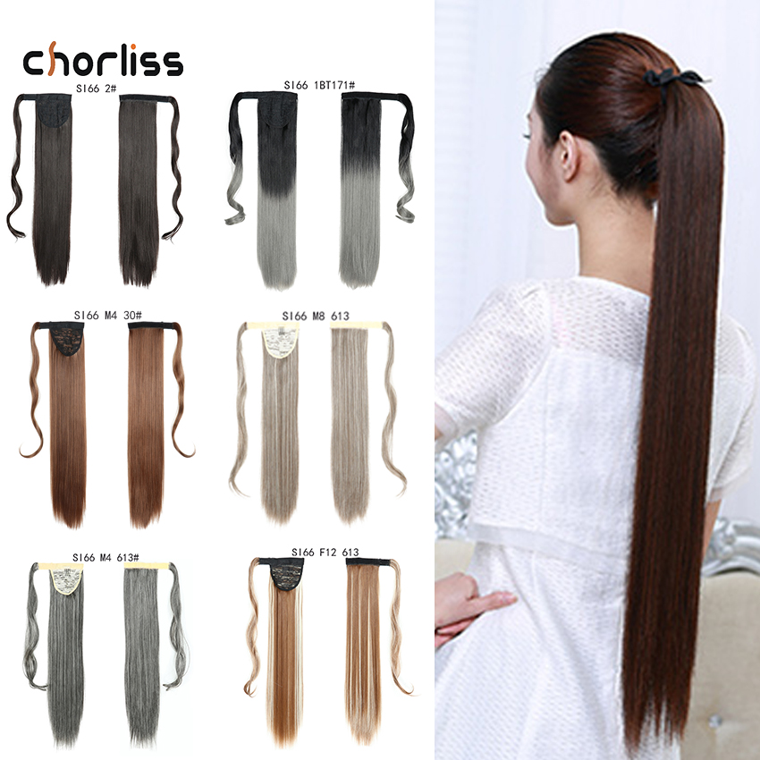 Chorliss Long Straight Synthetic Ponytail Hairpieces Wrap on Clip Hair Extensions Ombre Brown Velcro Pony Tail Blonde Fake Hair