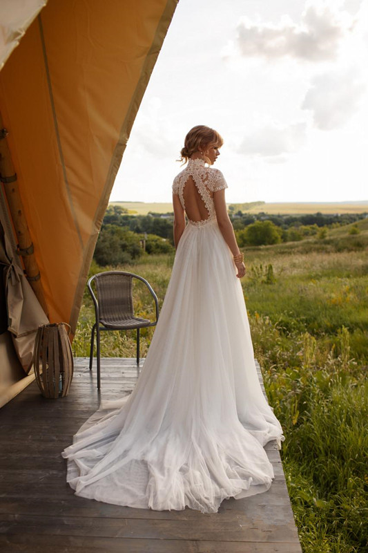 Vintage Boho Wedding Dress Lace Tulle High Neck Cap Sleeves A Line Bohemian Bridal Gowns 2021 Ivory ELegant Bride Dress