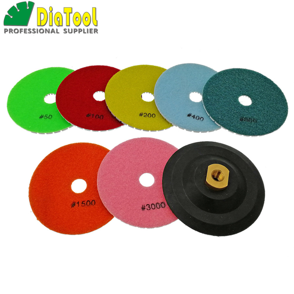 DIATOOL 7pcs/set + Backer 125MM Diamond Flexible Polishing Pads For Stone, Granite&marble, White Bond, Stone Sanding Discs