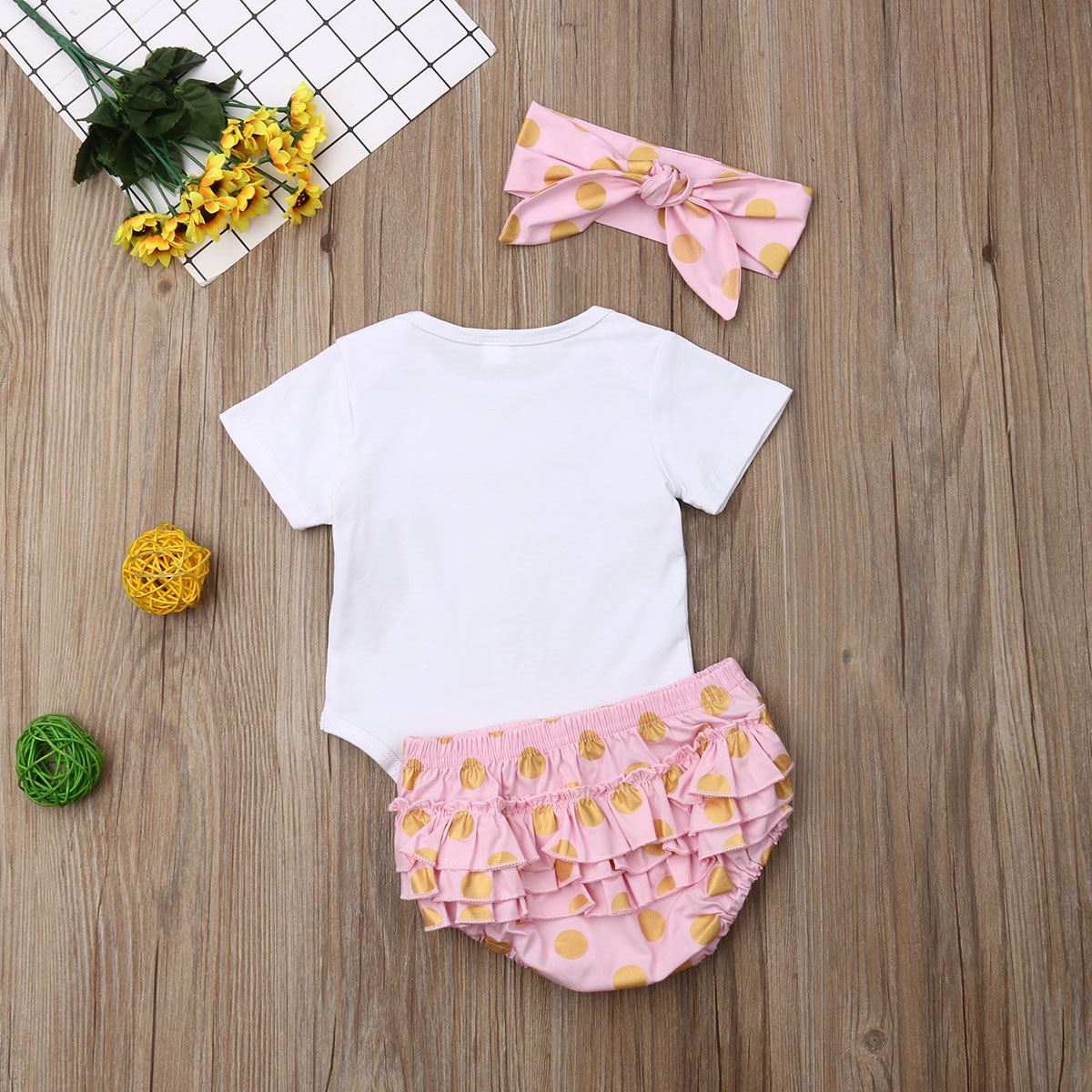 2019 Baby Summer Clothing Infant Baby Girl White Pineapple Romper Ruffle Briefs Dots Shorts+Headband 3Pcs Outfit Set 0-24M