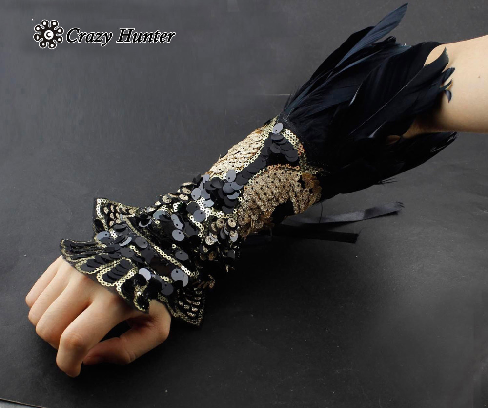 Womens Steampunk Goth Party Costume Luxury Feather Fingerless Gloves