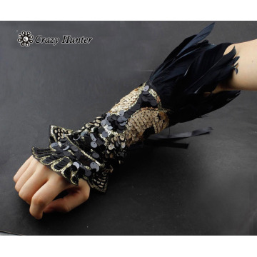 Womens Steampunk Goth Party Costume Luxury Feather Fingerless Gloves