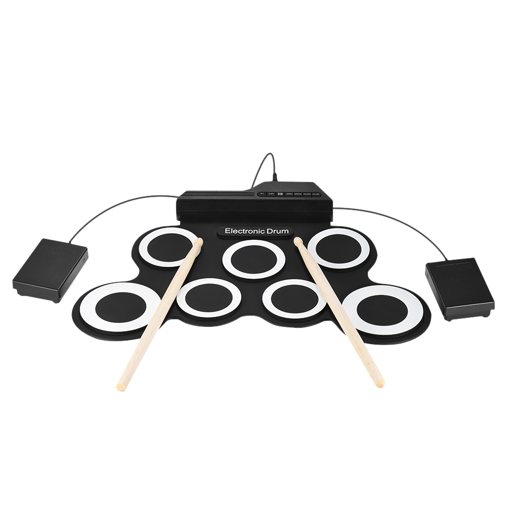 USB Roll-Up Silicon Drum Set Digital Electronic Drum Kit 7 Drum Pads with Drumsticks Foot Pedals for Beginners