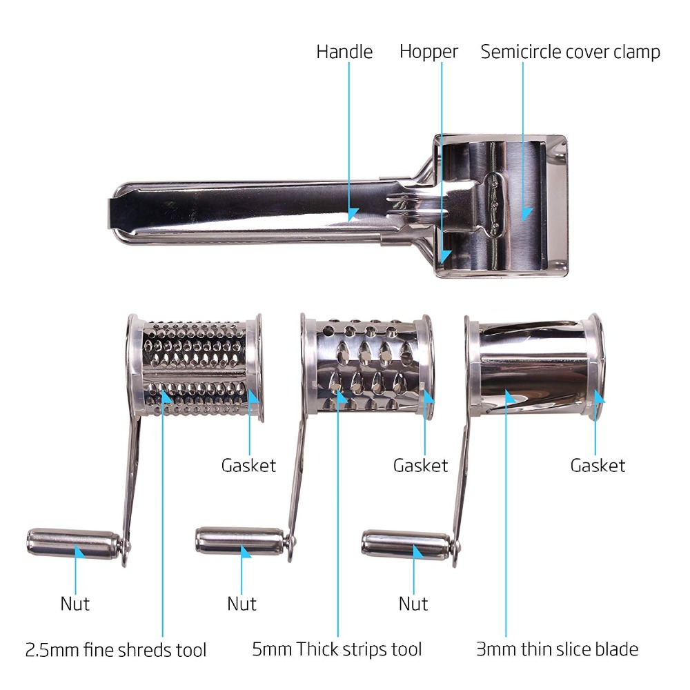 Rotary Cheese Grater Stainless Steel Cheese Grater Shredder With 3 Drum Blades Cheese Slicer Cutter For Chocolate Nuts LK0056