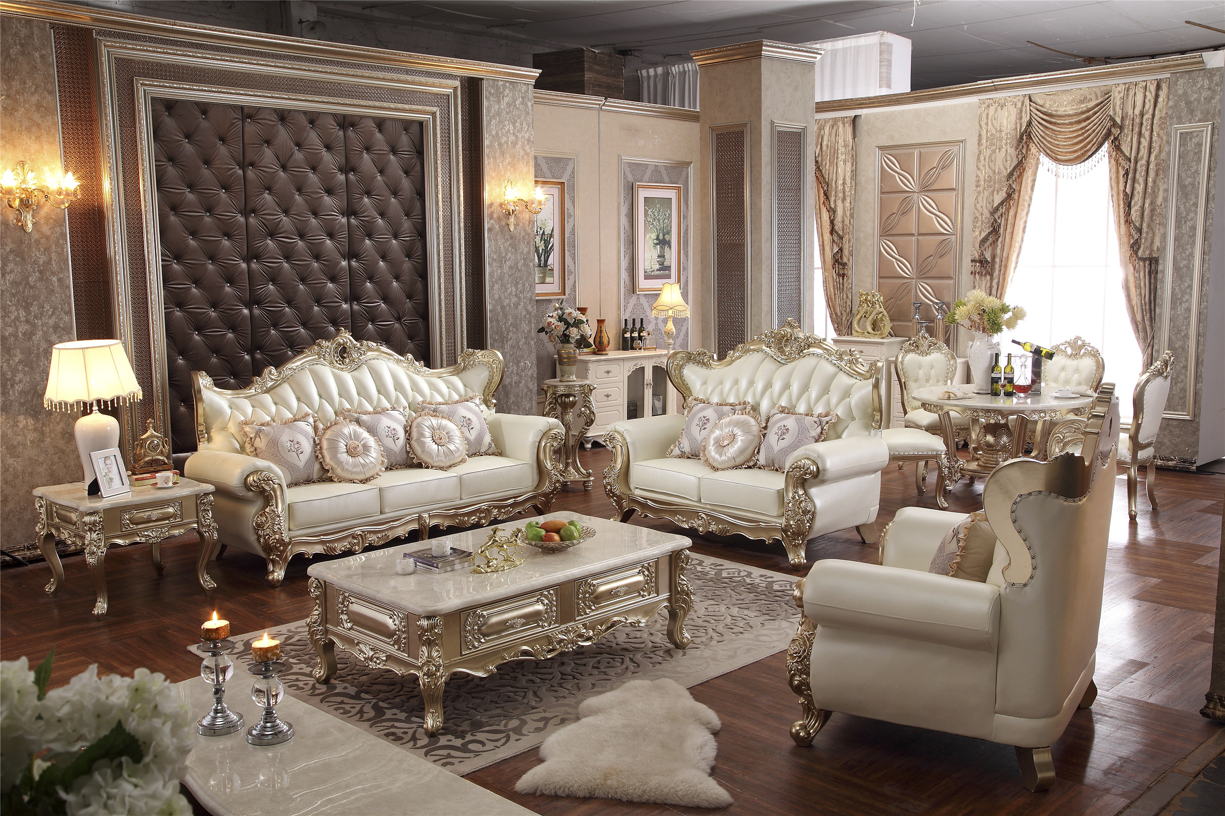 Baroque living room furniture sofa set solid wood and leather sofa set luxury furniture wholesale price