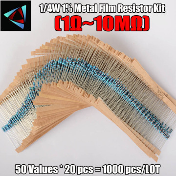 1000 Pcs 50 Values 1/4W 1% 1-10M ohm Metal Film Resistors Resistance Assortment Kit Set Film Resistor Kits New Electric