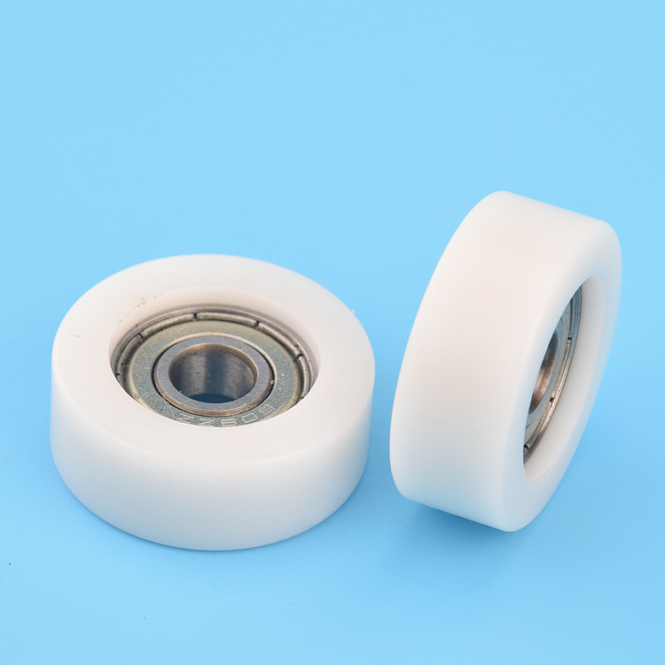8*32*12mm embedded 608zz bearing, wrapped rubber, POM/ nylon bearing pulley, flat roller