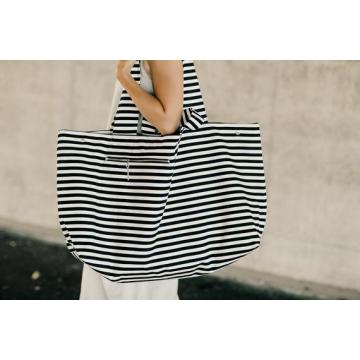 Large Canvas Fashion Durable Women Black and white stripes Shoulder Bag Shopping Tote Flax Cotton Shopping Bags Maximal