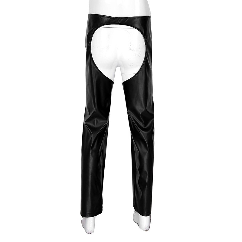 TiaoBug Men Black Faux Leather Crotchless Chaps Wild West Cowboy Sexy Costumes Fringe Buckled Open Crotch Porno Loose Long Pants