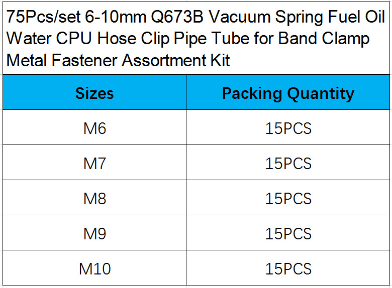 75Pcs/set 6-10mm Q673B Vacuum Spring Fuel Oil Water CPU Hose Clip Pipe Tube for Band Clamp Metal Fastener Assortment Kit