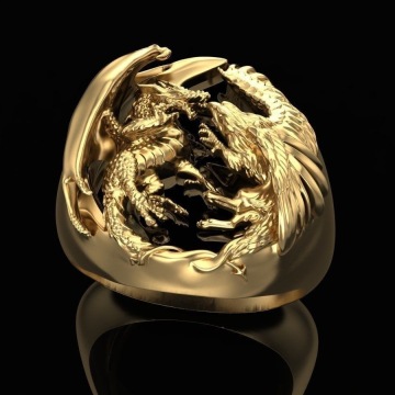 Dragon Fight Gold Color Ring For Men's Domineering Big Ring Finger Accessories Jewelry Cocktail Party Band