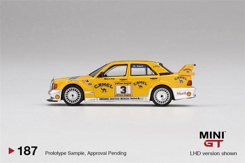 in stock MINI GT 1:64 190E 2.5-16 Evolution II #3 Camel 1990 Yellow Page 200 Invitational Kyalami LHD Diecast Model Car