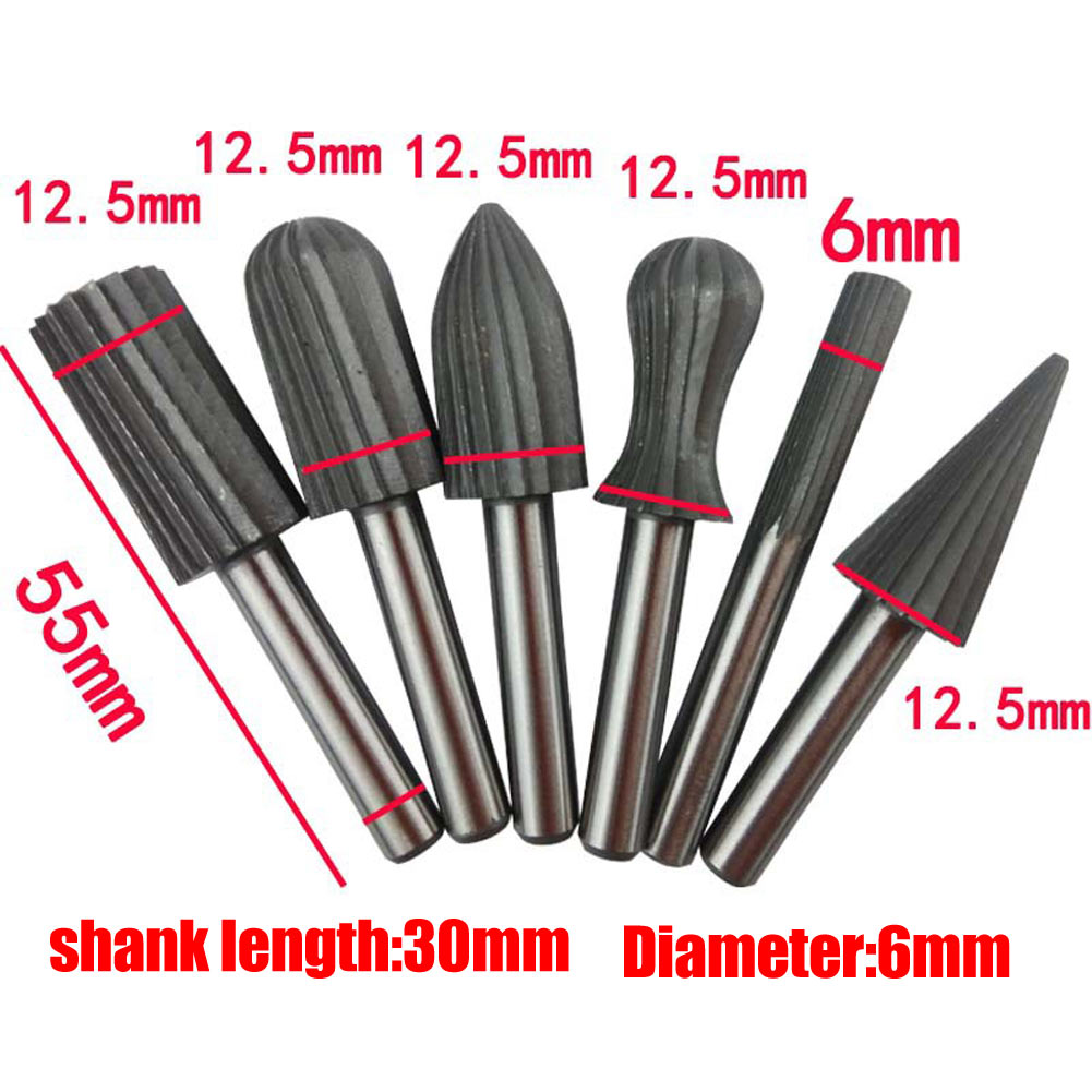 6pcs Round Shank Engraving Bit 6mm Cutter Burr HSS Files Rotary Milling Cutter Woodworking Carving Tools Fine Polishing Wood