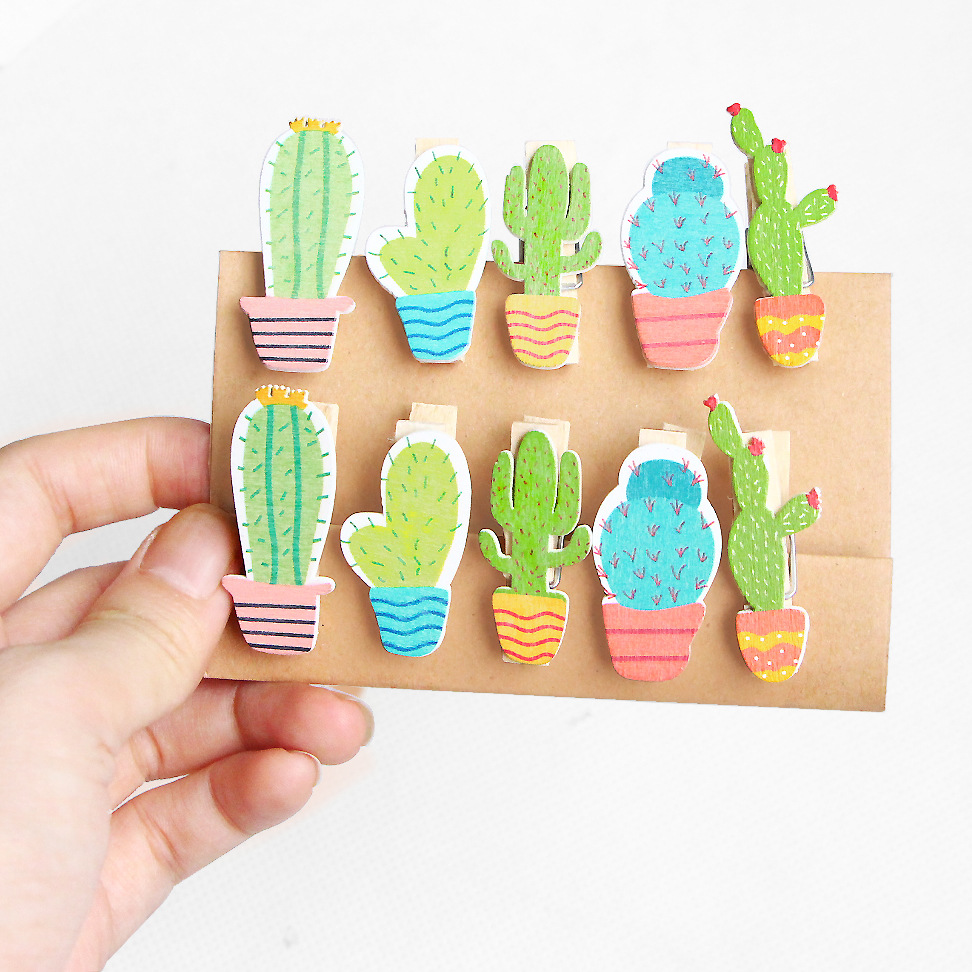 10 pcs/pack Cactus Wooden Clip Photo Paper Craft DIY Clips Binder with Hemp Rope