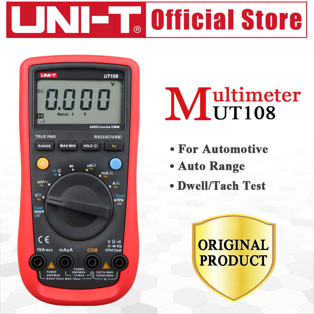 UNI-T UT108 Handheld Automotive Multipurpose Meters Auto Range Multimeter USB PC Connect AC DC V/A Ohm