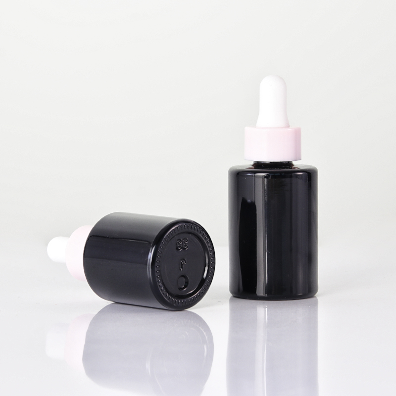 Black Flat Shoulder Glass Bottle With Pink Dropper 4 Jpg