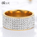 BICUX Fashion Titanium Stainless Steel 5 Row Lines Crystal Gold Zircon Ring for Women Men Female Teen Jewelry Wedding Rings Gift