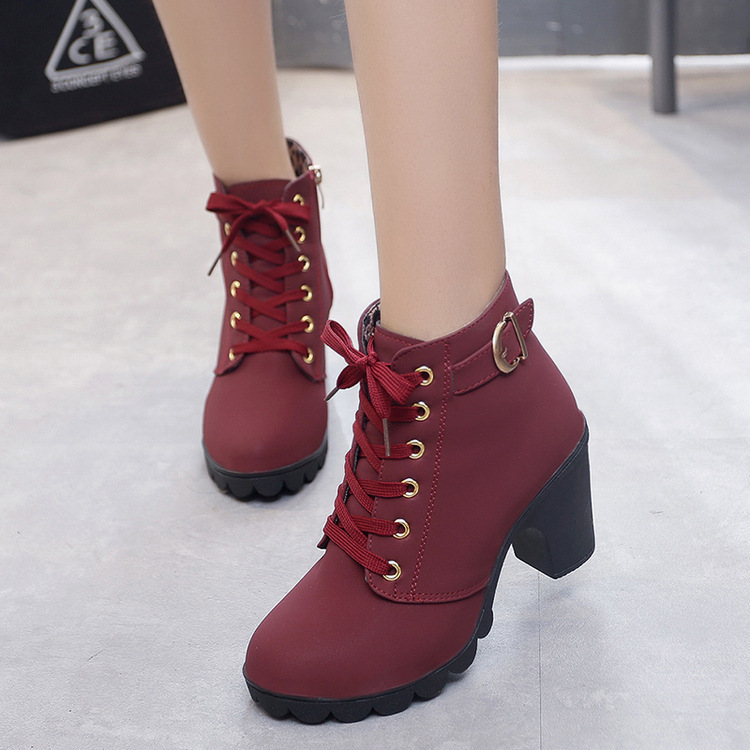 Ankle boots for women 2020 new elegant square heel shoes woman high heel solid vintage boots women lace-up ladies shoes sdf45